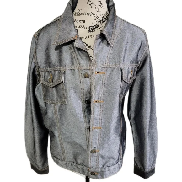 VINTAGE 80s Newport News Jeanology Denim Jean Jacket Metallic over Denim Size L - Picture 1 of 7